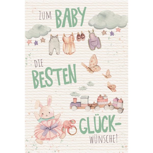 Geburt – Baby – Freudiges Ereignis - Glückwunschkarte im Format 11,5 x 17 cm mit Umschlag - Wolken, Sterne, Babykleidung, Schmetterlinge, Zug, Hase