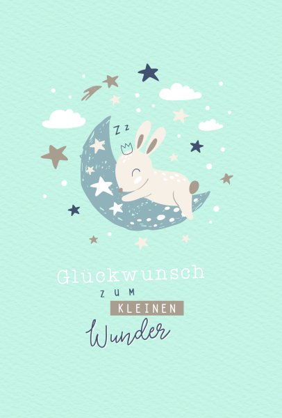 Geburt – Baby – Freudiges Ereignis - Glückwunschkarte im Format 11,5 x 17 cm mit Umschlag - Hase auf Halbmond, Sterne