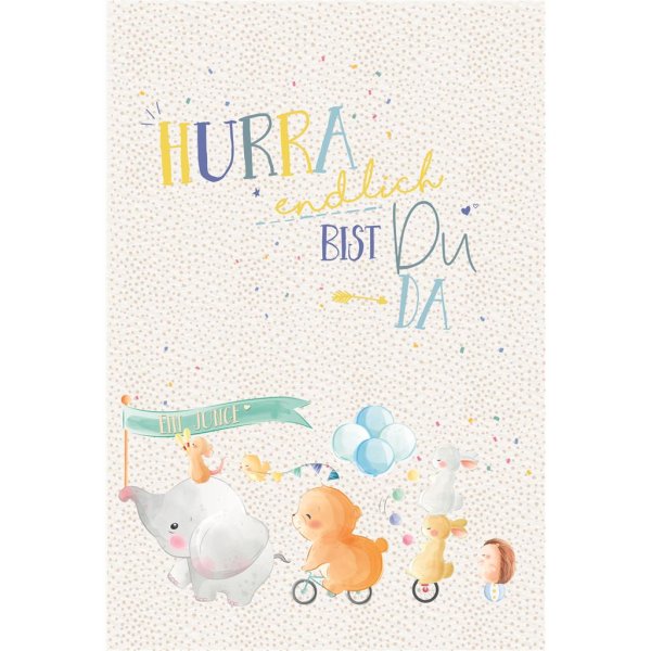 Geburt – Baby – Freudiges Ereignis - Glückwunschkarte im Format 11,5 x 17 cm mit Umschlag - Elefant, Bär, Hase, Igel, Maus, Vogel