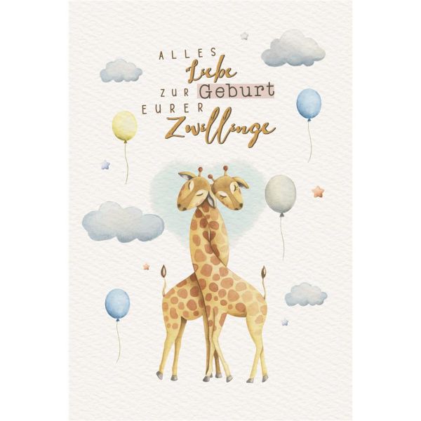 Geburt Baby Freudiges Ereignis Glückwunschkarte mit Umschlag Giraffen, Wolken, Luftballons