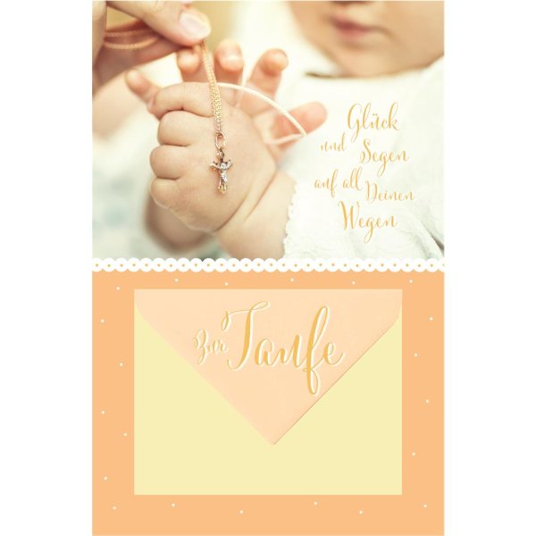 Taufe – Geldkarte - Glückwunschkarte im Format 11,5 x 17 cm mit Umschlag - Babyhände und Jesuskette, gestanzt