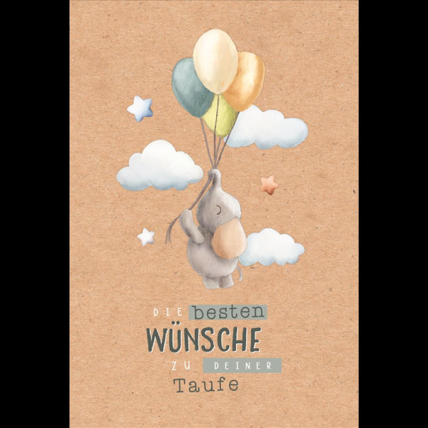 Taufe Glückwunschkarte mit Umschlag Elefant an Luftballons, Wolken, Sterne