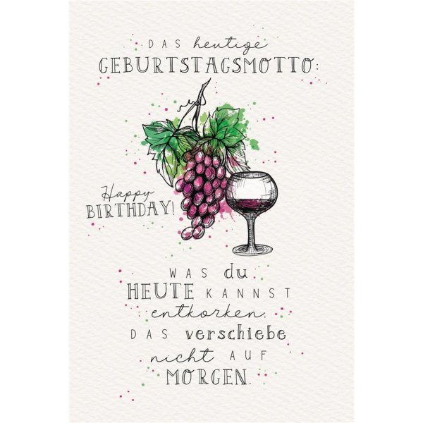 Geburtstag - Glückwunschkarte im Format 11,5 x 17 cm mit Umschlag - Weintrauben, Weinglas