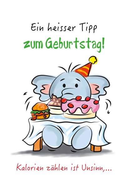 Geburtstag - Glückwunschkarte im Format 11,5 x 17 cm mit Umschlag - Elefant am Tisch – mit Innendruck