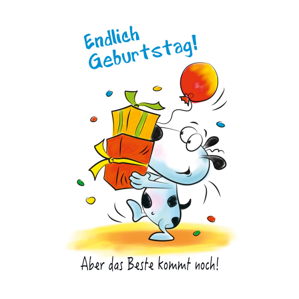 Geburtstag Humor Glückwunschkarte miit Umschlag Hund trägt Geschenke mit Innendruck