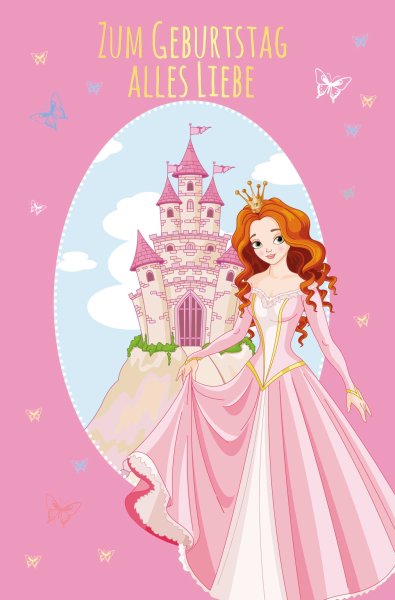 Geburtstag - Glückwunschkarte im Format 11,5 x 17 cm mit Umschlag - Prinzessin, Schloss auf Berg - mit Goldfolie