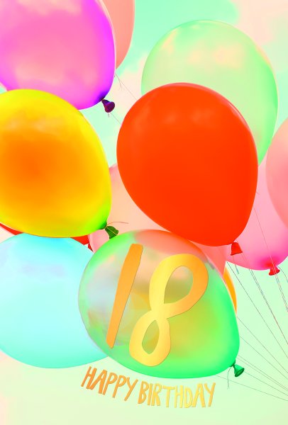 18. Geburtstag - Karte mit Umschlag - bunte Luftballons - mit Goldfolie