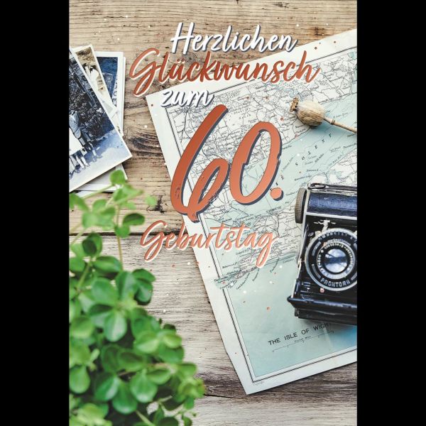 60. Geburtstag Karte mit Umschlag Landkarte mit rosegoldener Metallicfolie