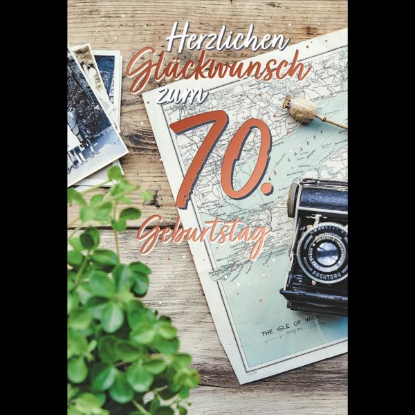 70. Geburtstag Karte mit Umschlag Landkarte mit rosegoldener Metallicfolie
