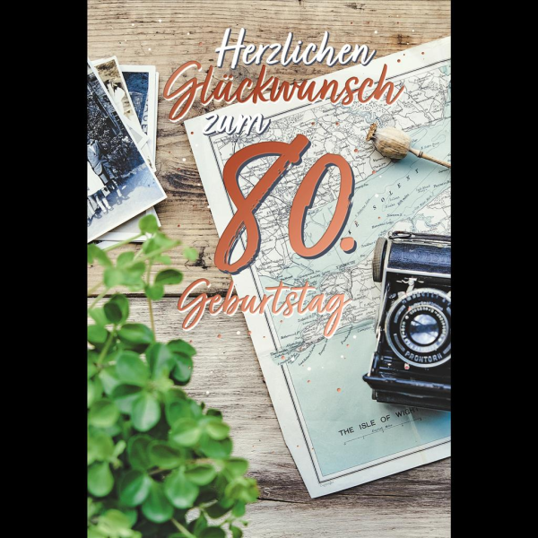 80. Geburtstag Glückwunschkarte mit Umschlag Landkarte mit rosegoldener Metallicfolie