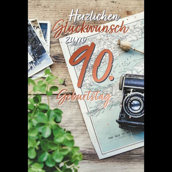 90. Geburtstag Karte mit Umschlag Landkarte mit rosegoldener Metallicfolie