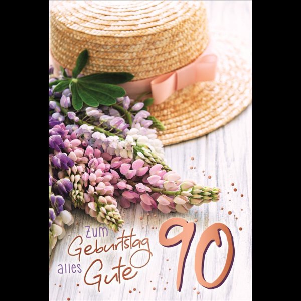 90. Geburtstag - Karte mit Umschlag - Blumen - mit rosegoldener Metallicfolie