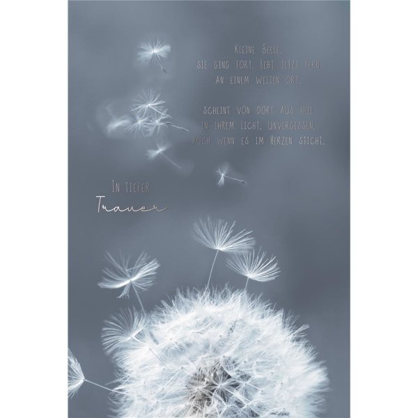 Trauer – Beileid – Kondolenz - Trauerkarte im Format 11,5 x 17 cm mit Umschlag - Pusteblume - mit Silberfolie