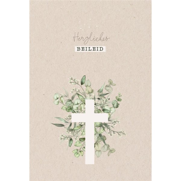 Trauer – Beileid – Kondolenz - Trauerkarte im Format 11,5 x 17 cm mit Umschlag - Kreuz, Blätter