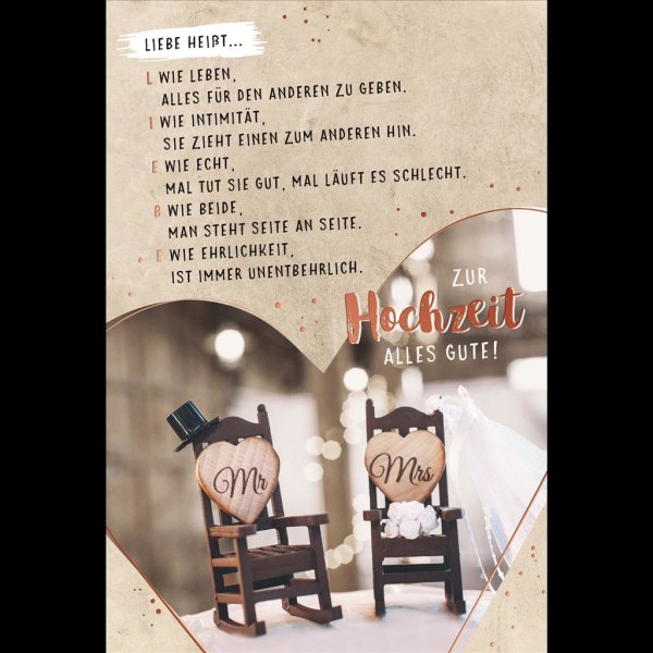 Hochzeit - Glückwunschkarte im Format 11,5 x 17 cm mit Umschlag - Miniaturholzstühle - mit rosegoldener Metallicfolie