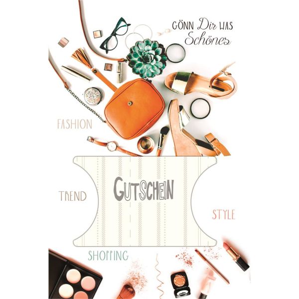 Gutschein Glückwunschkarte mit Umschlag Tasche, Schuhe, Kosmetik, gestanzt