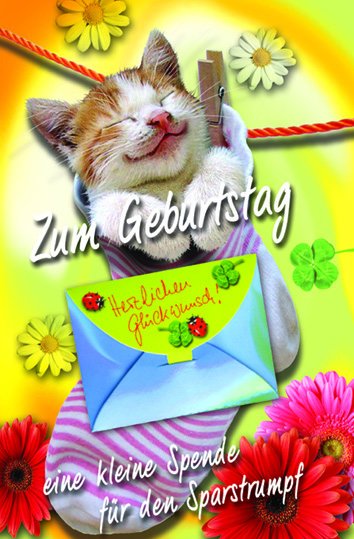 Geburtstag – Geldkarte - Glückwunschkarte im Format 11,5 x 17 cm mit Umschlag - Katze im Strumpf