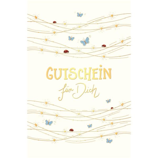 Gutschein Skorpions Art Glückwunschkarte mit Umschlag Schmetterlinge, Marienkäfer, Herzen mit Goldfolie