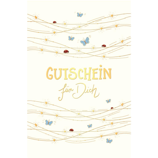 Gutschein Skorpions Art Glückwunschkarte mit Umschlag Schmetterlinge, Marienkäfer, Herzen mit Goldfolie