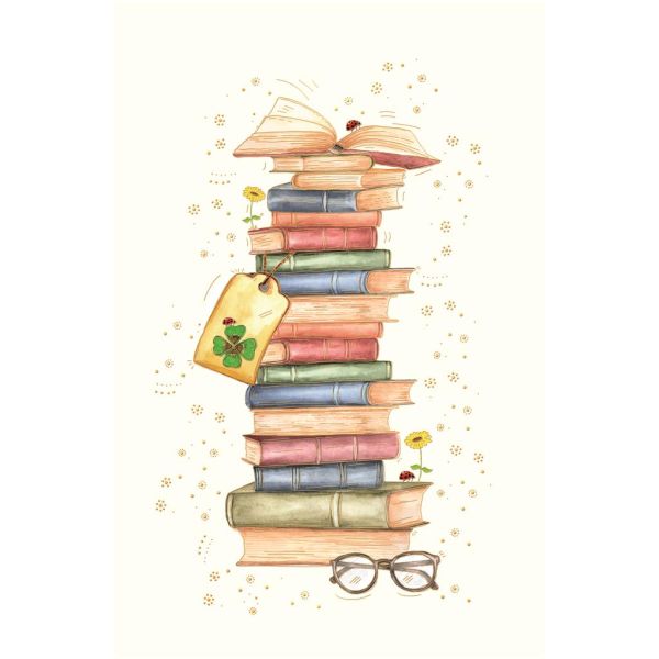Ohne Text Skorpions Art Glückwunschkarte mit Umschlag Bücherstapel, Brille, Marienkäfer und Blume mit Goldfolie