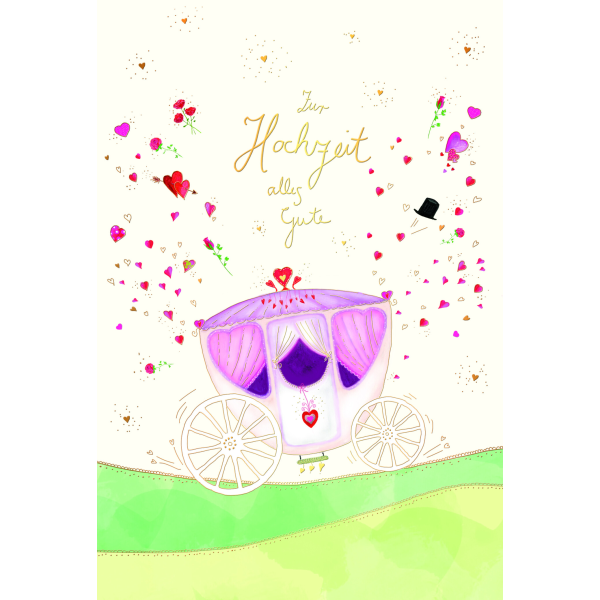 Hochzeit Skorpions Art Glückwunschkarte mit Umschlag Kutsche, Herzen mit Goldfolie