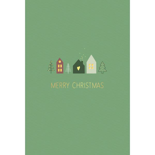 Weihnachten Grußkarte Glückwunschkarte mit Umschlag Tannenbäume, Häuser,