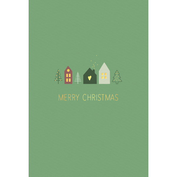 Weihnachten Grußkarte Glückwunschkarte mit Umschlag Tannenbäume, Häuser,