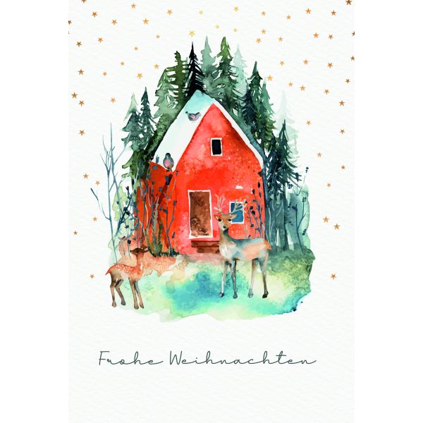 Weihnachten Grußkarte Glückwunschkarte mit Umschlag Haus, Rehe, Naturkart