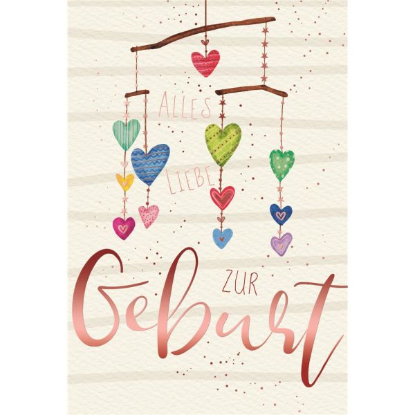 Geburt Baby Freudiges Ereignis Glückwunschkarte mit Umschlag Mobilée mit Herzen mit roségoldener Metallicfolie