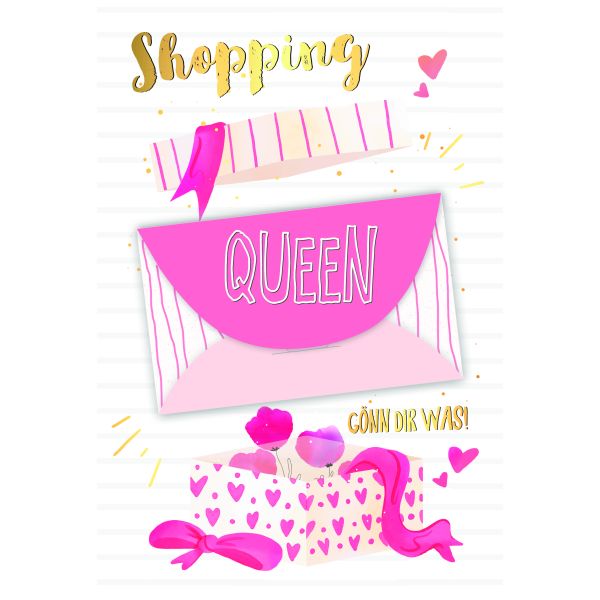 Geldkarte Glückwunschkarte mit Umschlag Shopping Queen Herzen, Blumen, Schleife mit Goldfolie