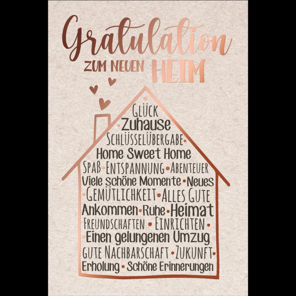 Neues Heim Einzug Umzug Glückwunschkarte mit Umschlag Schriftkarte mit roségoldener Metallicfolie