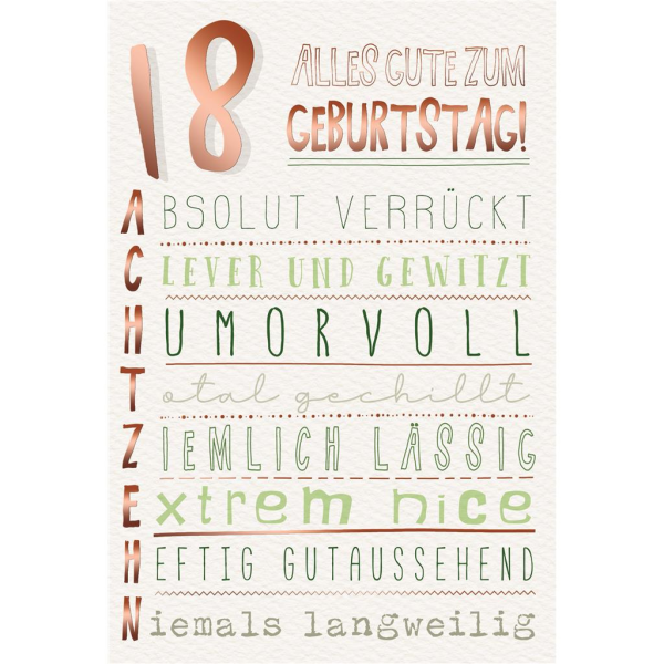 18. Geburtstag Glückwunschkarte mit Umschlag 18. Geburtstag Verrückt Lässig Clever Extrem Alles Gute