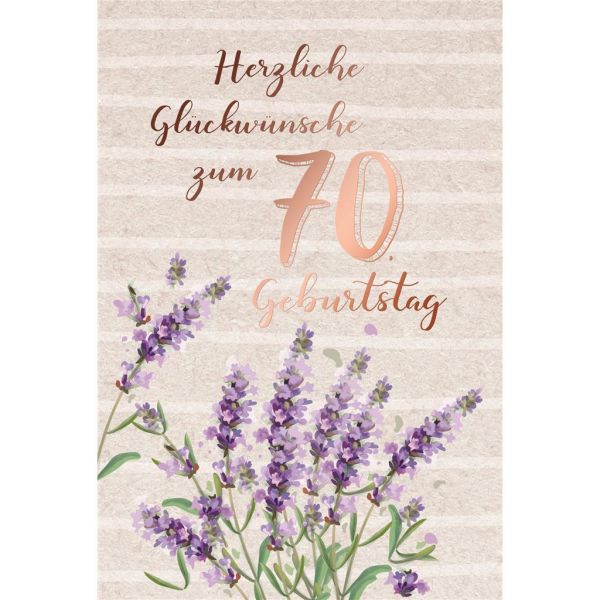 A 70. Geburtstag Karte mit Umschlag Lavendel mit rosegoldener Metallicfolie