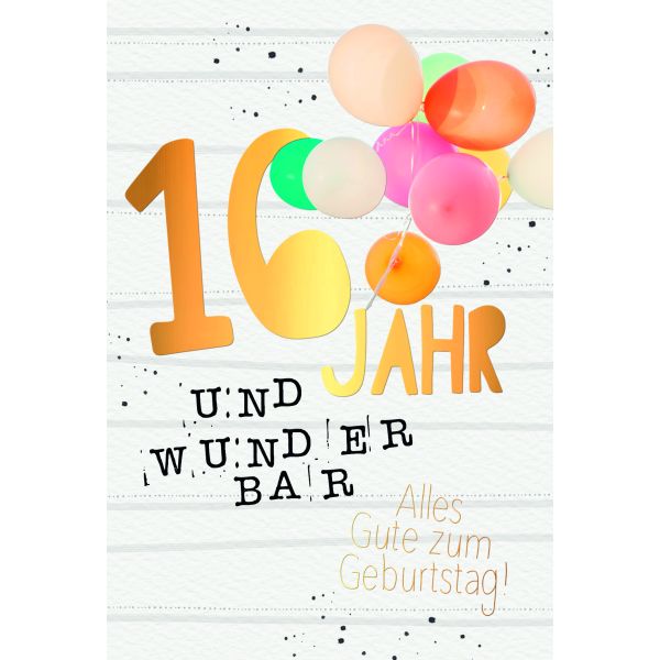16. Geburtstag Karte mit Umschlag bunte Luftballons mit Goldfolie