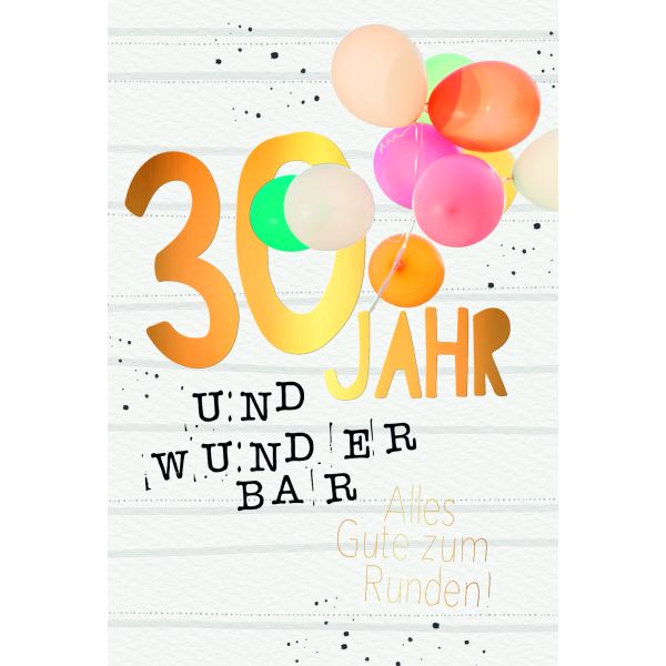 A 30. Geburtstag Karte mit Umschlag bunte Luftballons mit Goldfolie