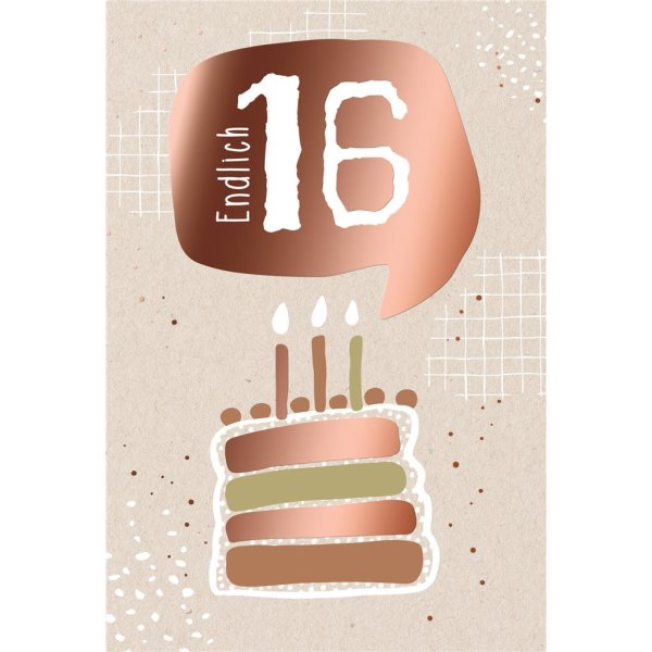 16. Geburtstag - Karte mit Umschlag - Torte mit brennenden Kerzen - mit rosegoldener Metallicfolie