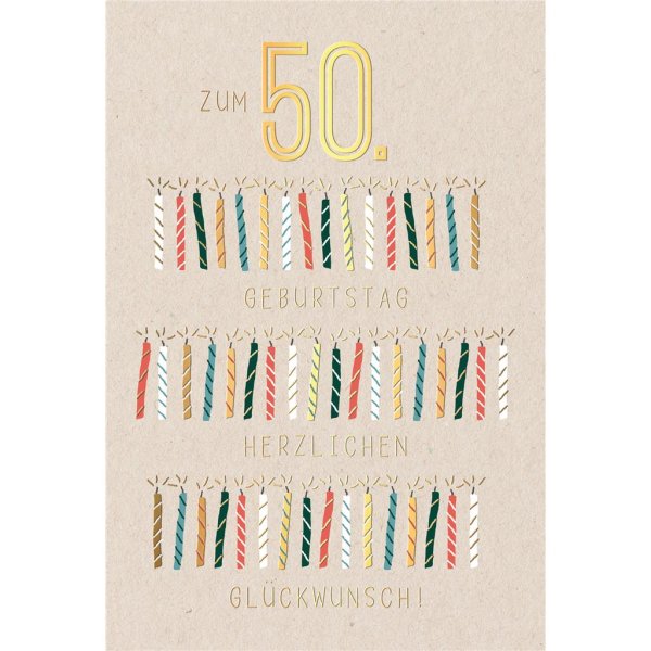 50. Geburtstag - Karte mit Umschlag - brennende Kerzen - mit Goldfolie