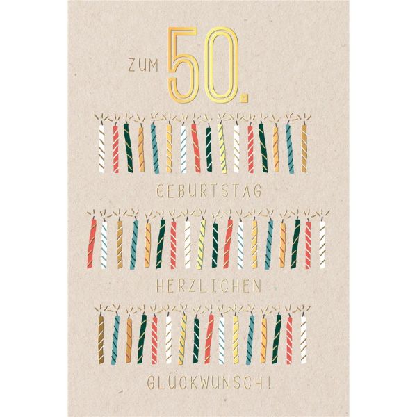 50. Geburtstag Karte mit Umschlag brennende Kerzen mit Goldfolie