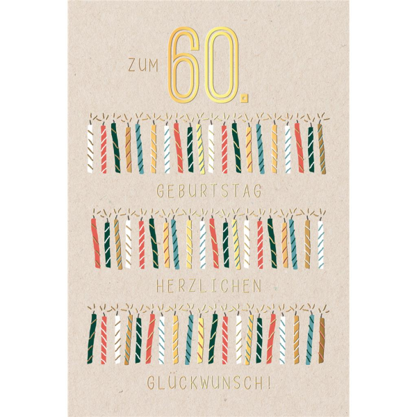 60. Geburtstag Karte mit Umschlag brennende Kerzen mit Goldfolie