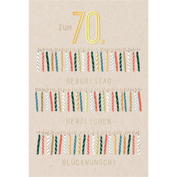 70. Geburtstag Karte mit Umschlag brennende Kerzen mit Goldfolie