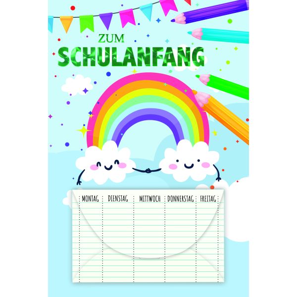 A Schulanfang Geldkarte Glückwunschkarte mit Umschlag Regenbogen, Wolken, Buntstifte, Wimpelkette mit grüner Hologrammfolie