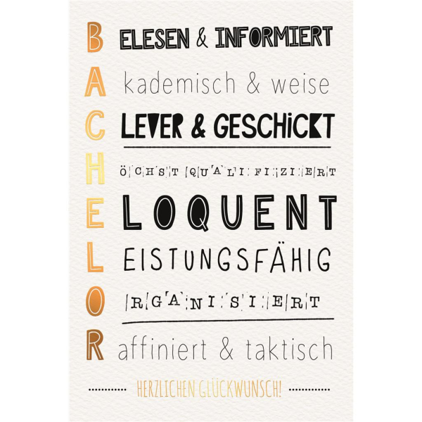 A Bachelor Glückwunschkarte mit Umschlag Schriftkarte mit Goldfolie