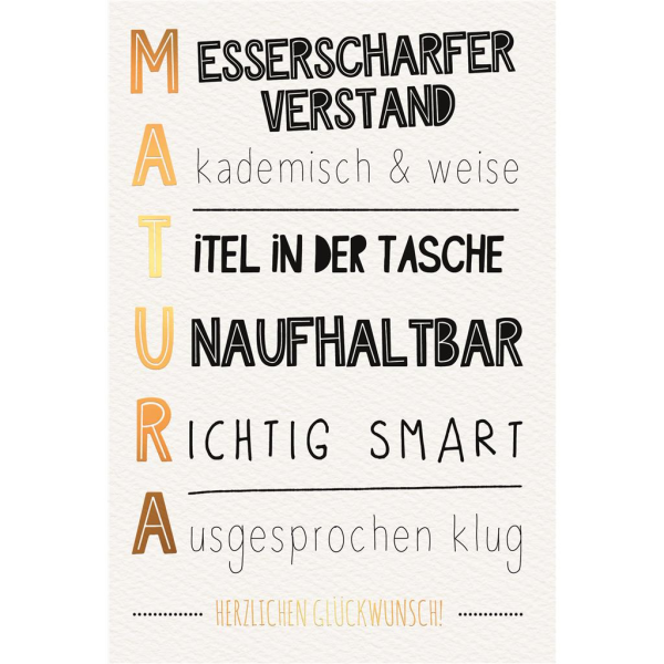 Matura Glückwunschkarte mit Umschlag Schriftkarte mit Goldfolie