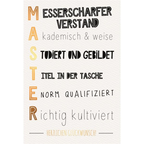 Master - Glückwunschkarte im Format 11,5 x 17 cm mit Umschlag - Schriftkarte - mit Goldfolie