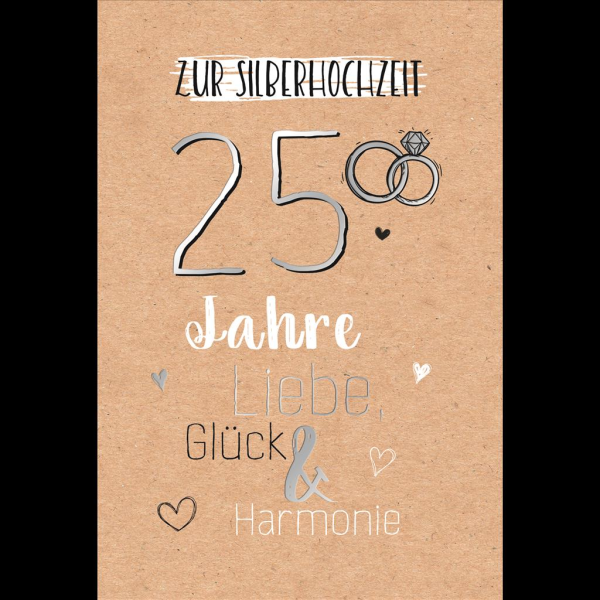 Silberhochzeit 25. Hochzeitstag Glückwunschkarte mit Umschlag Ringe, Herzen mit Silberfolie