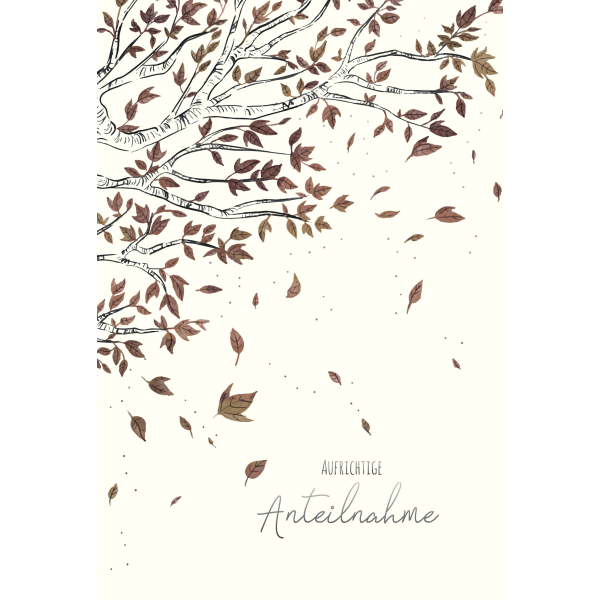 A Trauer Beileid Kondolenz Trauerkarte mit Umschlag Blätter fallen vom Baum mit Silberfolie