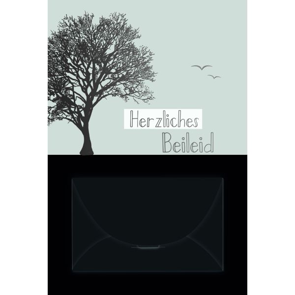 Trauer Beileid Kondolenz Geldkarte Trauerkarte mit Umschlag Baum, Vögel mit Silberfolie