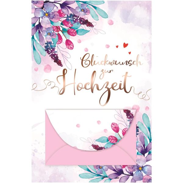 Hochzeit Geldkarte Glückwunschkarte mit Umschlag Blumen mit rosegoldener Metallicfolie