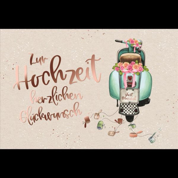 Hochzeit Glückwunschkarte mit Umschlag Moped mit Blumen mit rosegoldener Metallicfolie