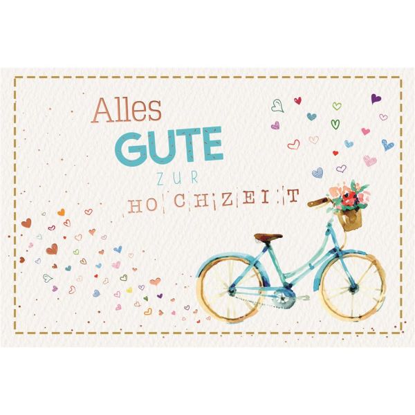 Hochzeit Glückwunschkarte mit Umschlag Fahrrad, Blumen, Herzen mit rosegoldener Metallicfolie